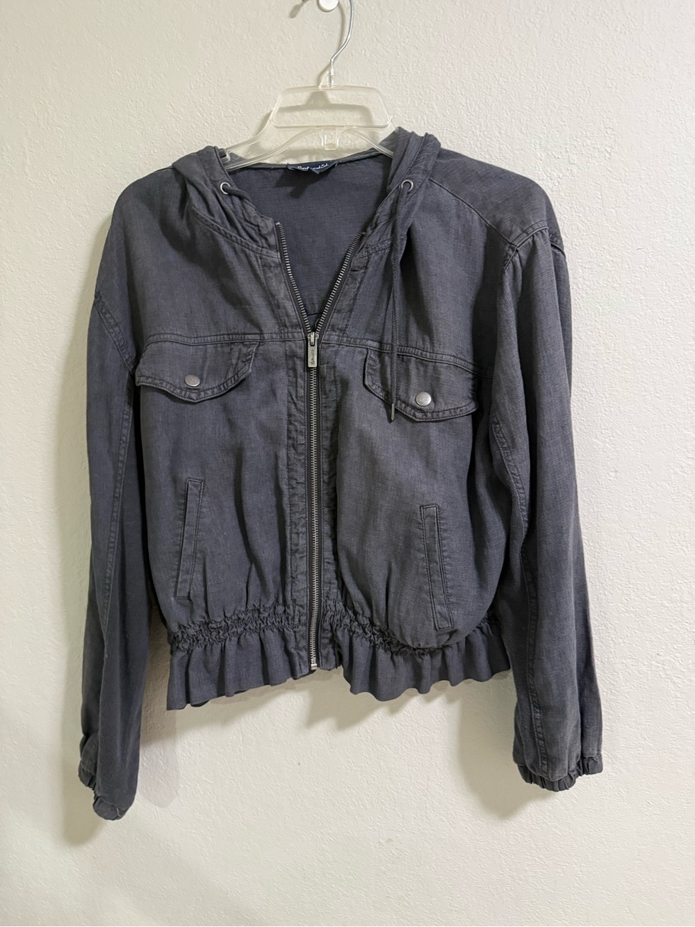 Splendid Gray Hooded Zip Jacket Ruffle Hem Lightweight Small